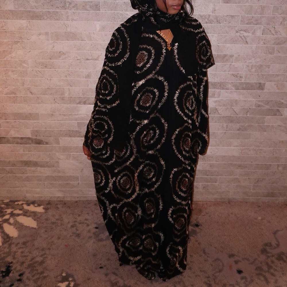 Black and Gold Patterned Dress with Headscarf